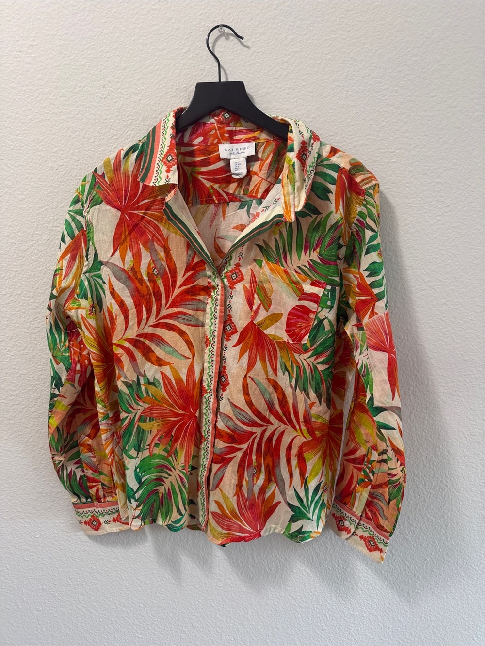 Calypso St. Barth Tropical Floral Button-Down Shirt in Red, Green & Cream